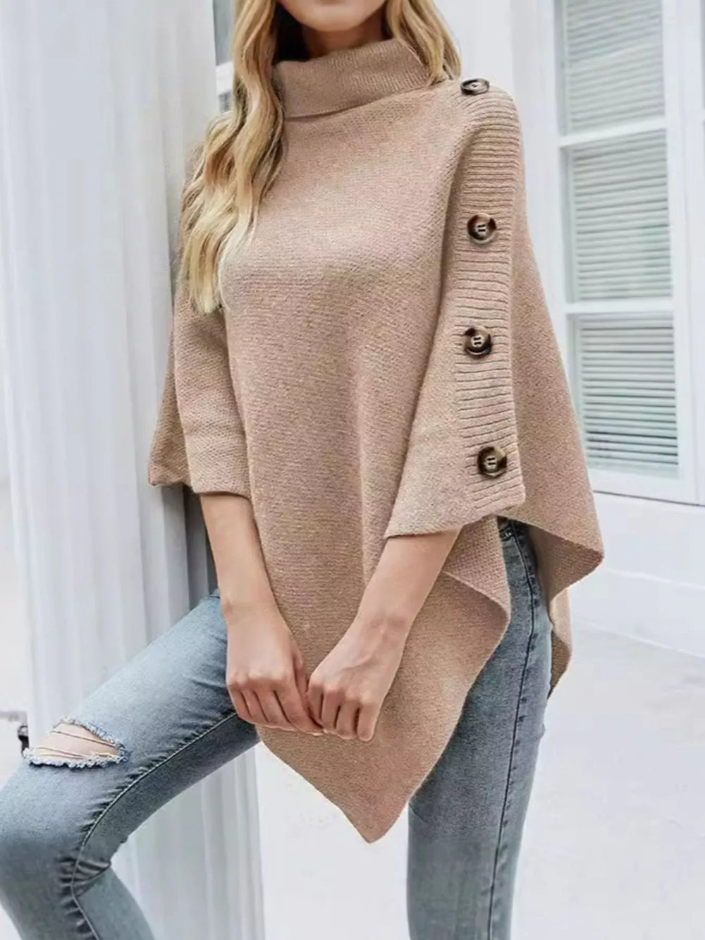 Button-Decor Turtleneck Poncho Pullover - Trendsi - Flyclothing LLC