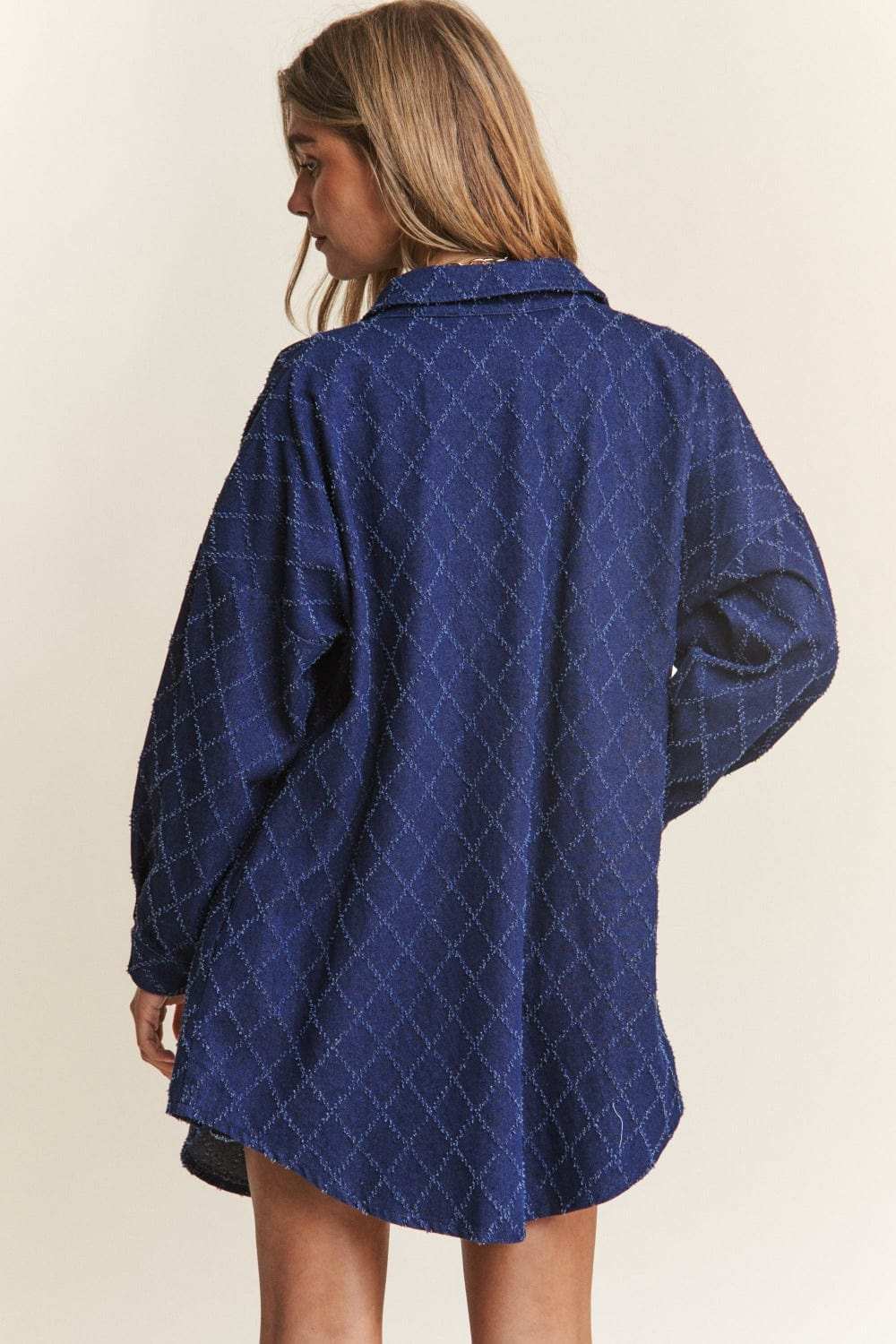 J.NNA Rhombus Stitched Button Up Denim Shacket - Trendsi - Flyclothing LLC