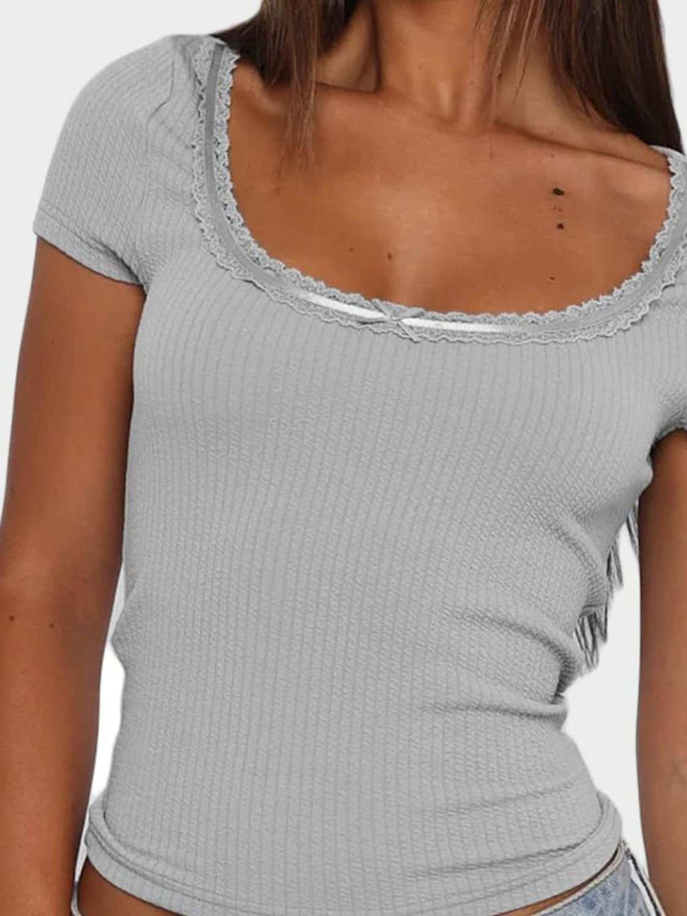 Lace Detail Scoop Neck Short Sleeve T-Shirt - Trendsi - Flyclothing LLC