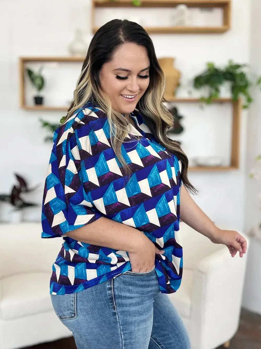 Double Take Full Size Geometric Notched Half Sleeve Blouse - Trendsi - Flyclothing LLC