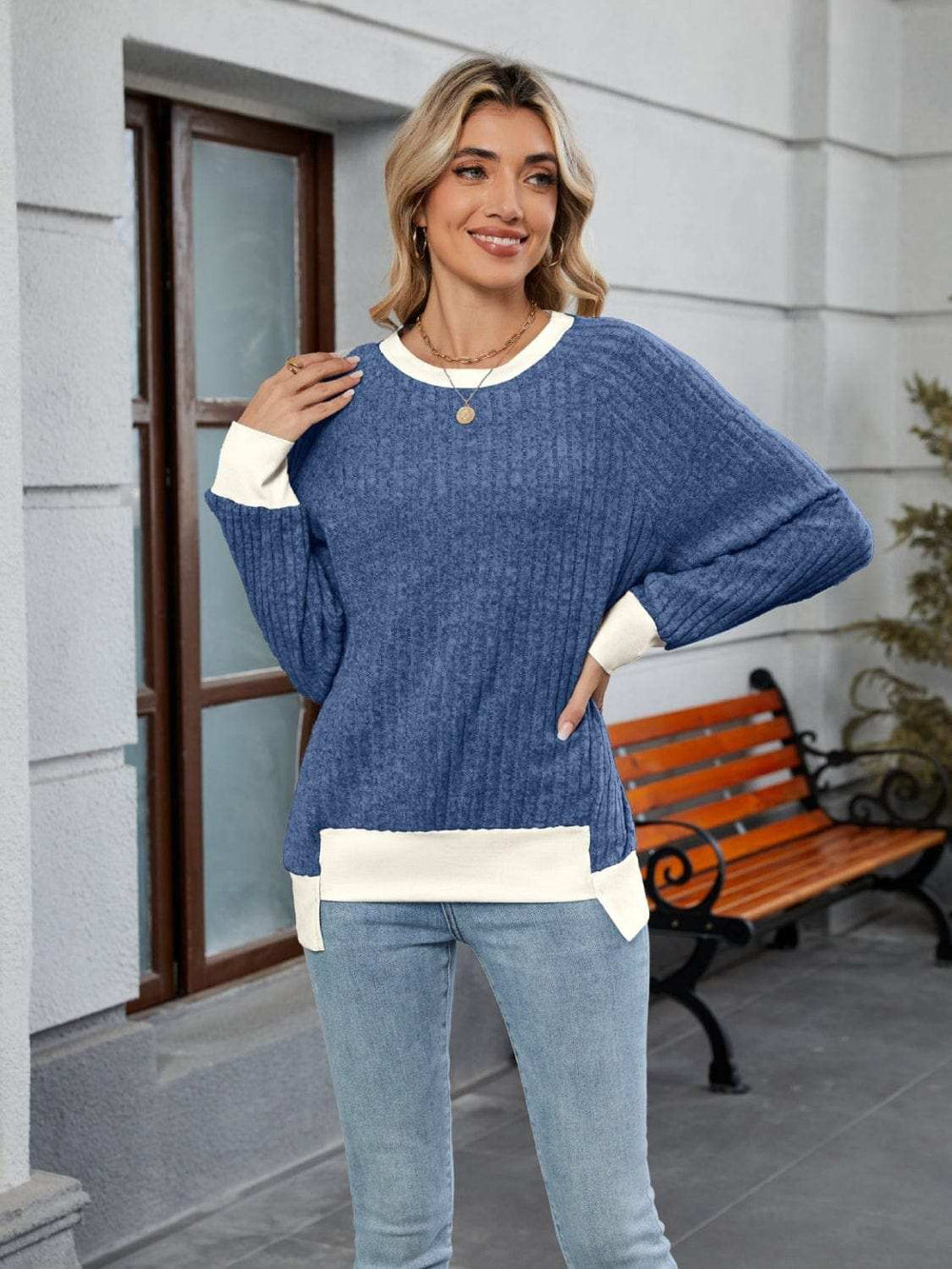 Contrast Trim Round Neck Long Sleeve T-Shirt - Trendsi - Flyclothing LLC