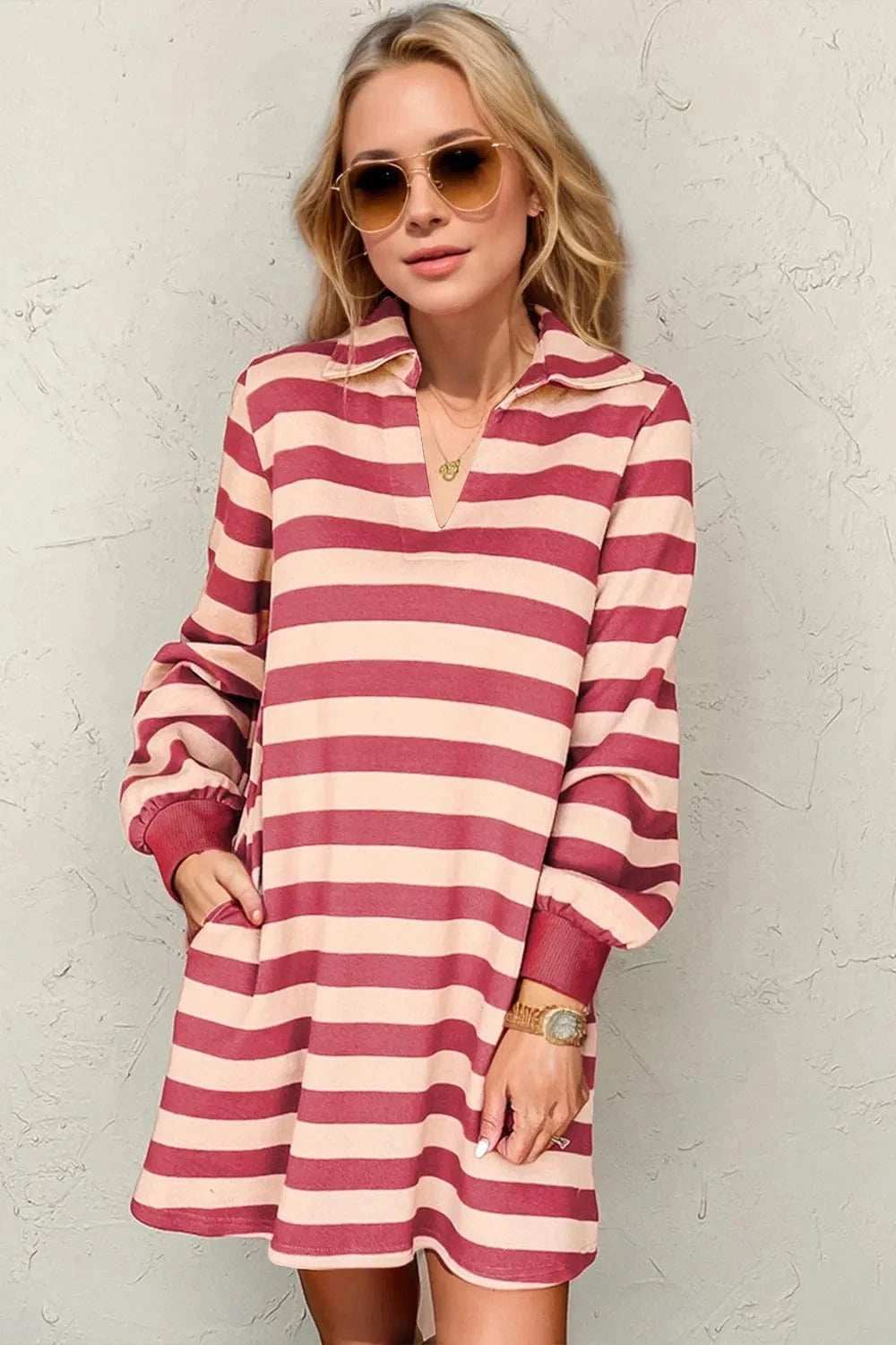 Double Take Full Size Striped Contrast Collared Neck Long Sleeve Dress - Trendsi - Flyclothing LLC