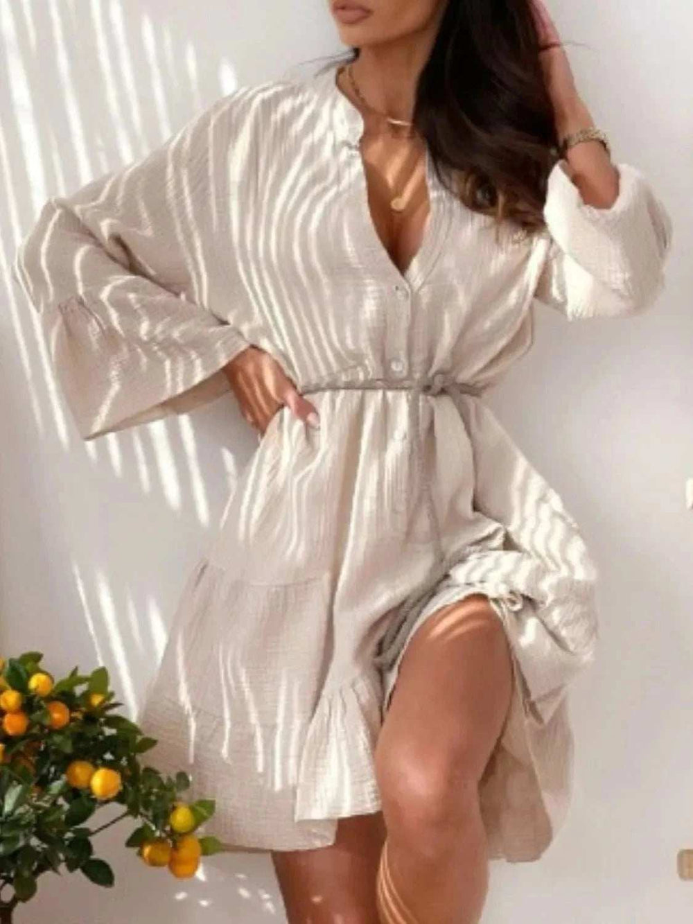 Button Detail Notched Long Sleeve Dress - Trendsi - Flyclothing LLC