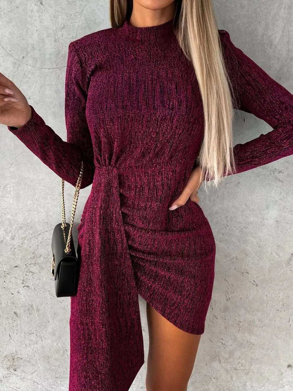 Heathered Mock Neck Long Sleeve Mini Dress - Trendsi - Flyclothing LLC