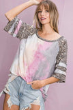 BiBi Tiedye French Terry with Leopard Sleeve Top - Trendsi - Flyclothing LLC