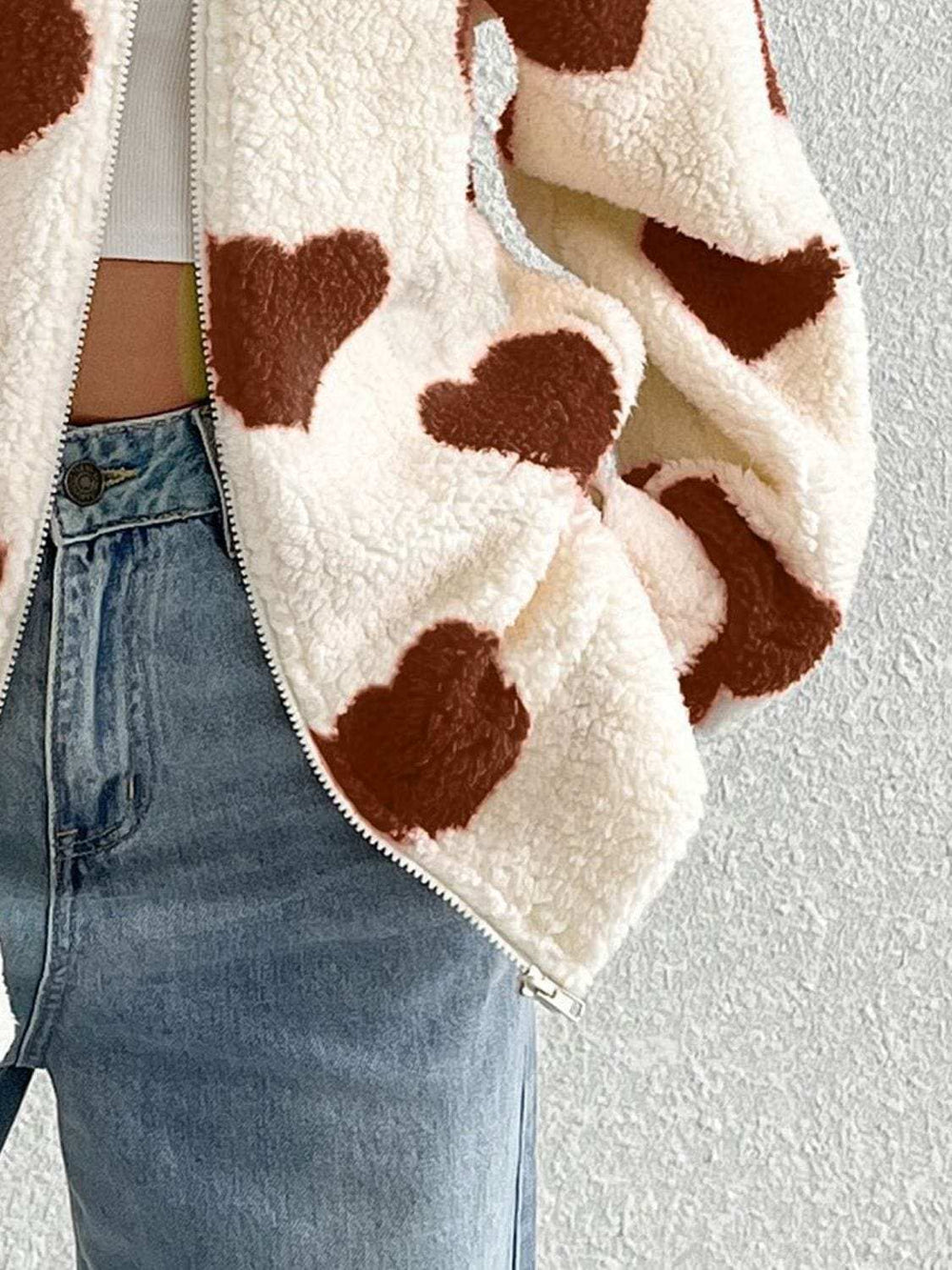 Heart Zip Up Drop Shoulder Furry Jacket - Trendsi - Flyclothing LLC