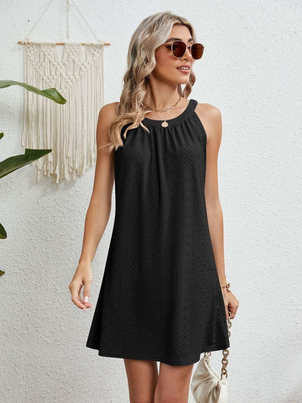 Eyelet Grecian Neck Mini Dress - Trendsi - Flyclothing LLC