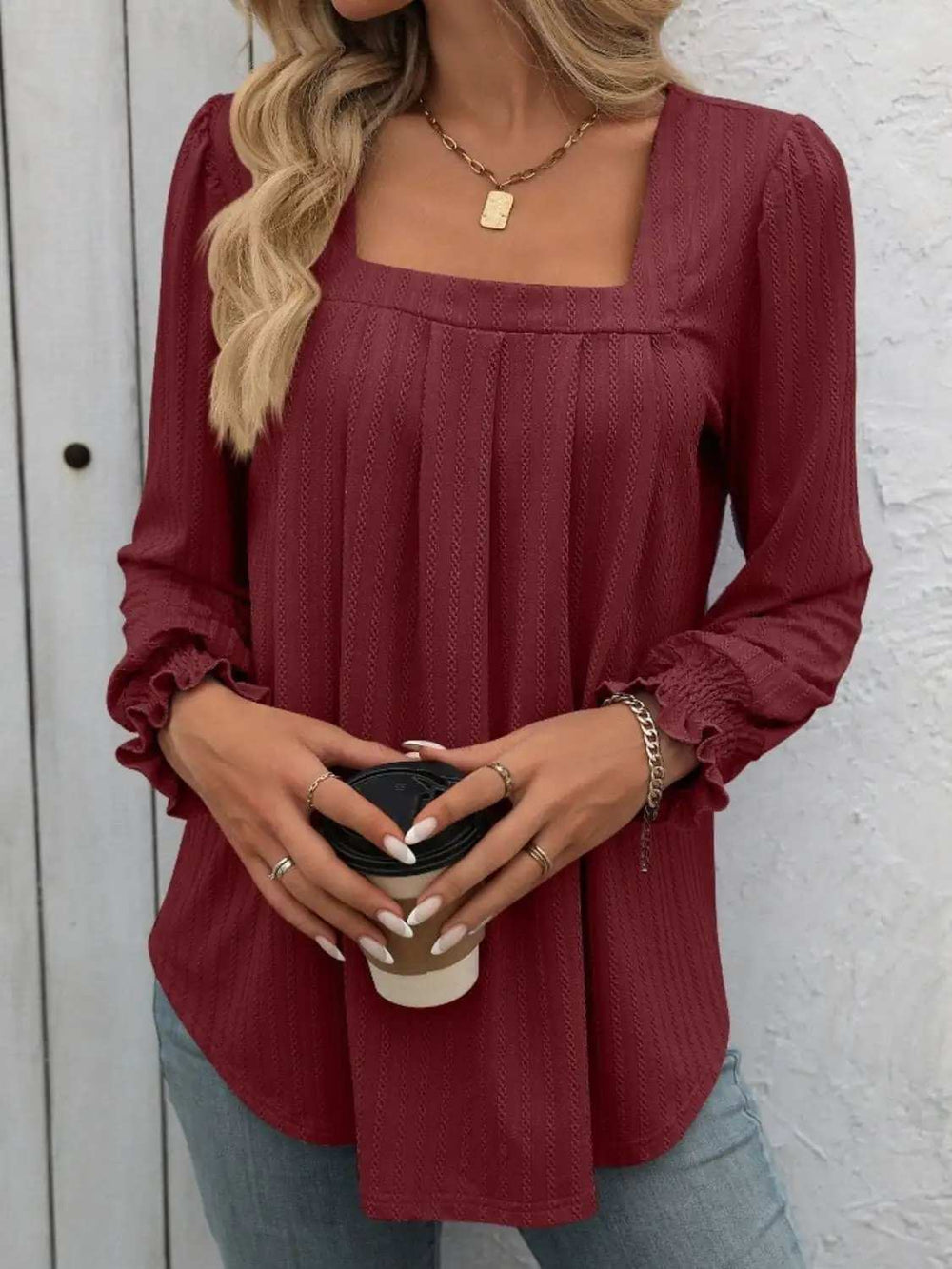 Square Neck Long Sleeve Top - Trendsi - Flyclothing LLC