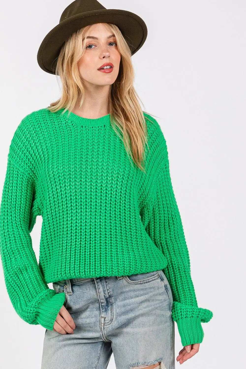 SAGE + FIG Round Neck Drop Shoulder Sweater - Trendsi - Flyclothing LLC