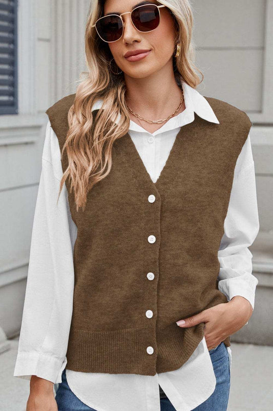 Button Down V-Neck Sweater Vest - Trendsi - Flyclothing LLC