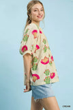 Umgee Abstract Print Blouse with Ruched Detail - Trendsi - Flyclothing LLC