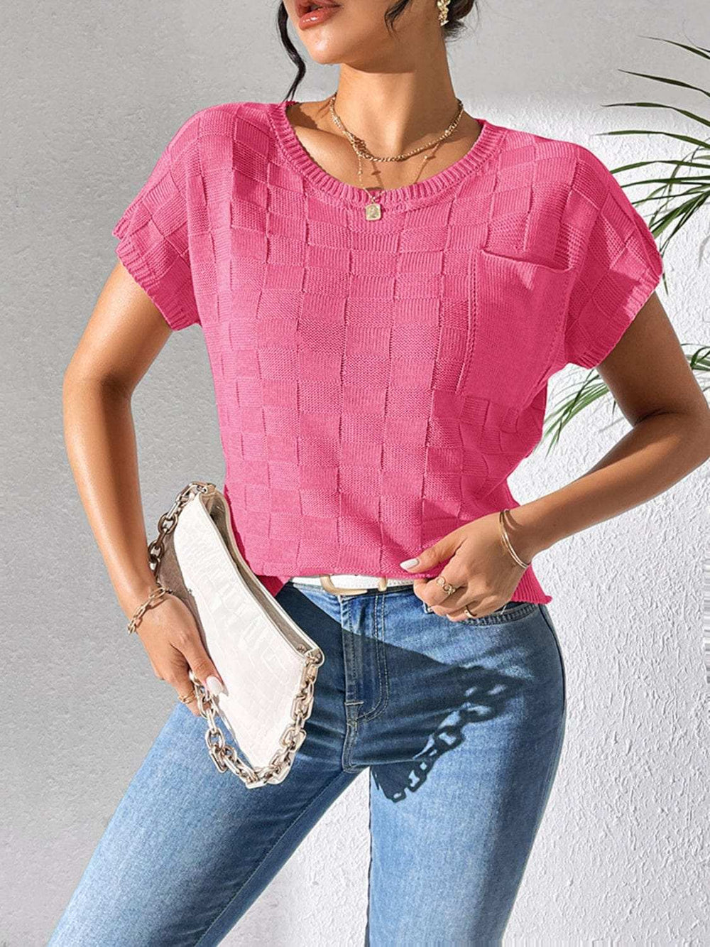 Round Neck Short Sleeve Knit Top - Trendsi - Flyclothing LLC