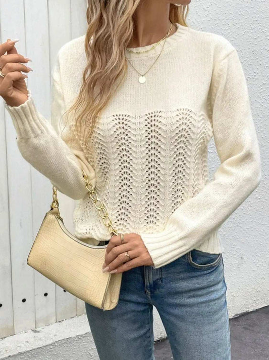 Openwork Round Neck Long Sleeve Sweater - Trendsi - Flyclothing LLC