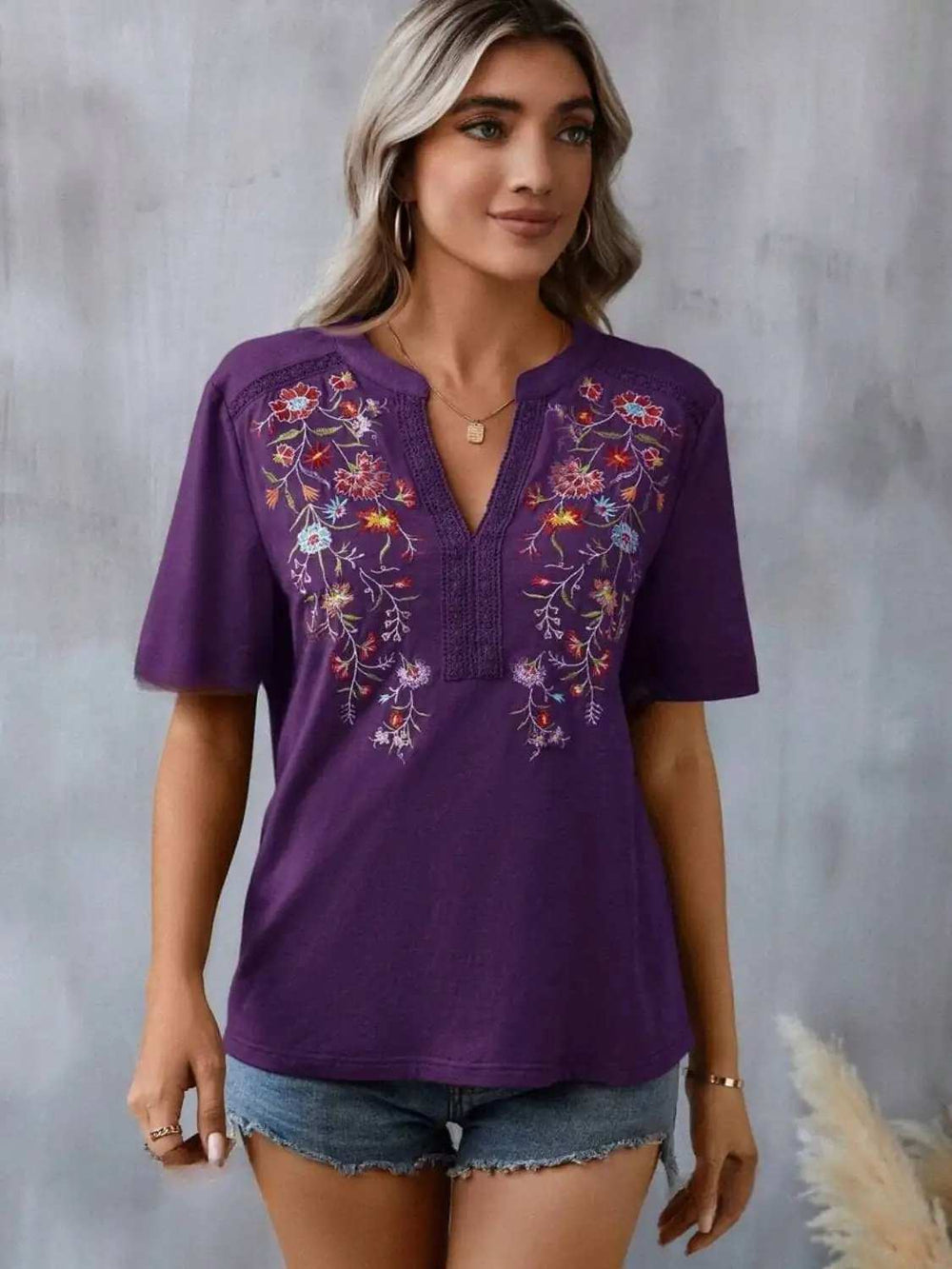 Embroidered Notched Short Sleeve T-Shirt - Trendsi - Flyclothing LLC