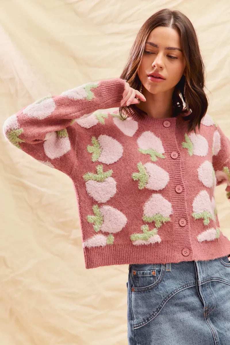 SO ME Strawberry Fruit All Over Button Sweater Cardigan - Trendsi - Flyclothing LLC