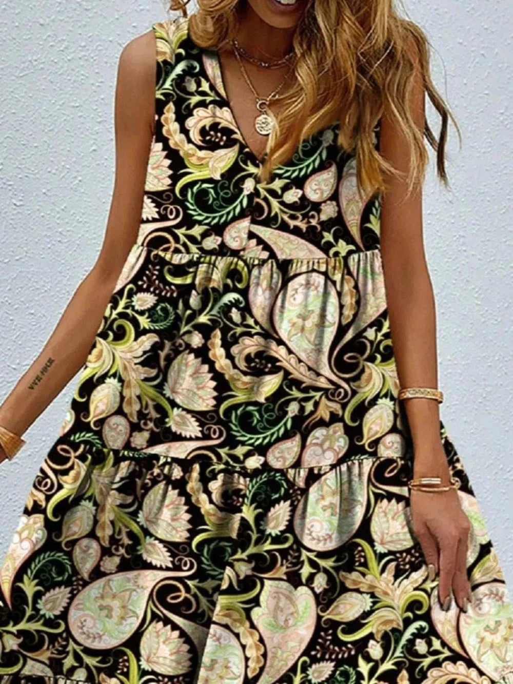 Printed V-Neck Tiered Maxi Tank Dress - Trendsi - Flyclothing LLC