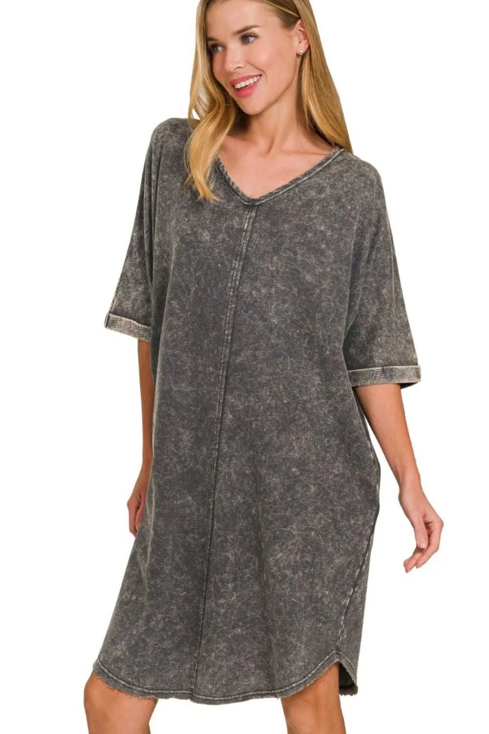 Zenana Acid-washed French Terry Tee Shirts Dress - Trendsi - Flyclothing LLC