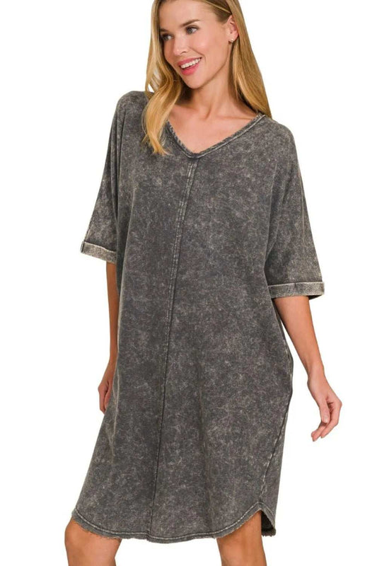 Zenana Acid-washed French Terry Tee Shirts Dress - Trendsi - Flyclothing LLC