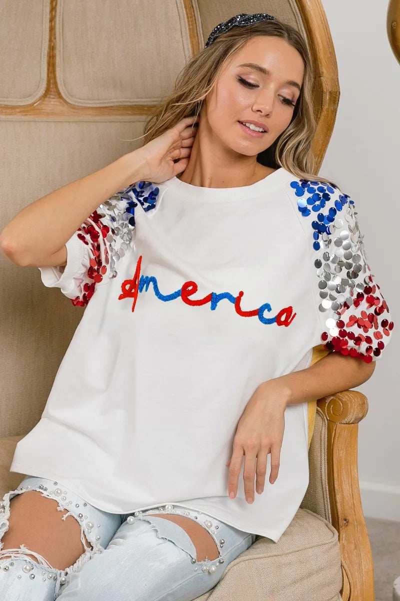 BiBi America Letter Applique Spangle Puff Sleeves Top - Trendsi - Flyclothing LLC