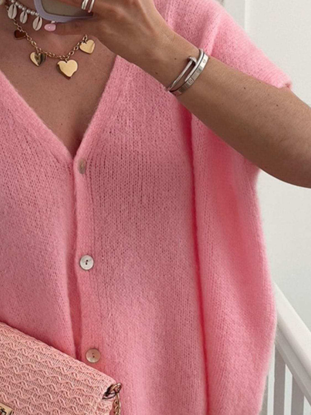 V-Neck Button Up Short Sleeve Cardigan - Trendsi - Flyclothing LLC