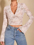 V-Neck Flare Sleeve Lace Top - Trendsi - Flyclothing LLC