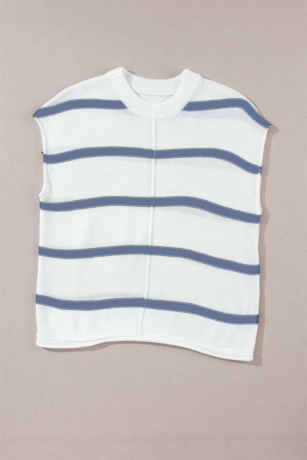 Striped Round Neck Cap Sleeve Sweater - Trendsi - Flyclothing LLC