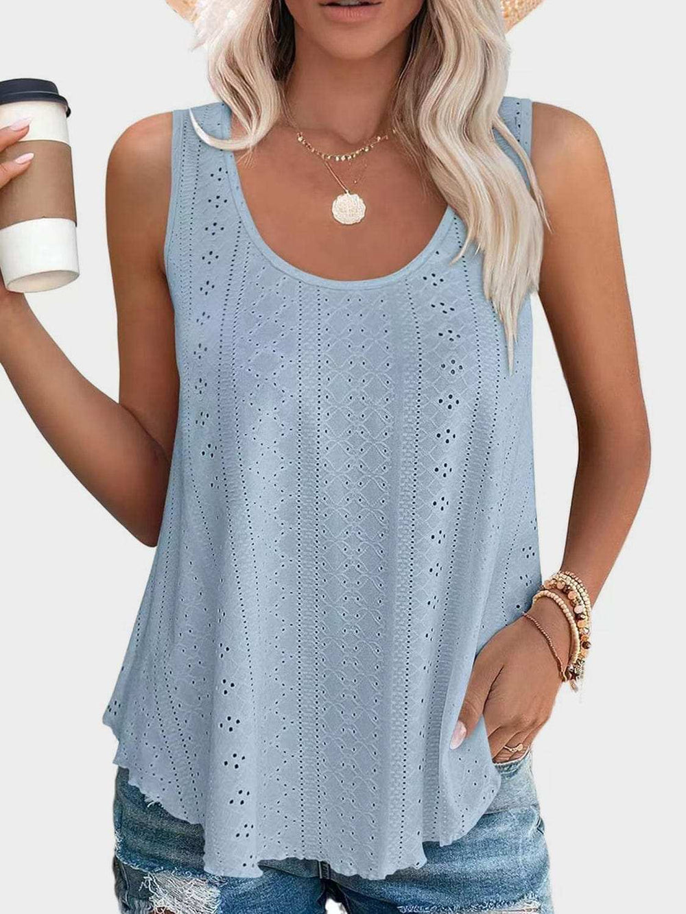 Florira Eyelet Round Neck Tank - Trendsi - Flyclothing LLC