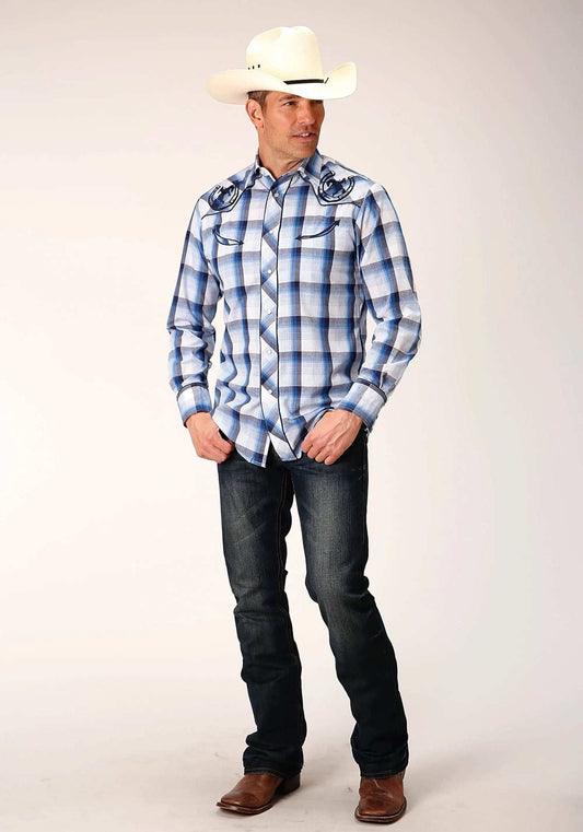 Roper Mens Long Sleeve Snap Multi Blue White Plaid Western Shirt - Roper - Flyclothing LLC