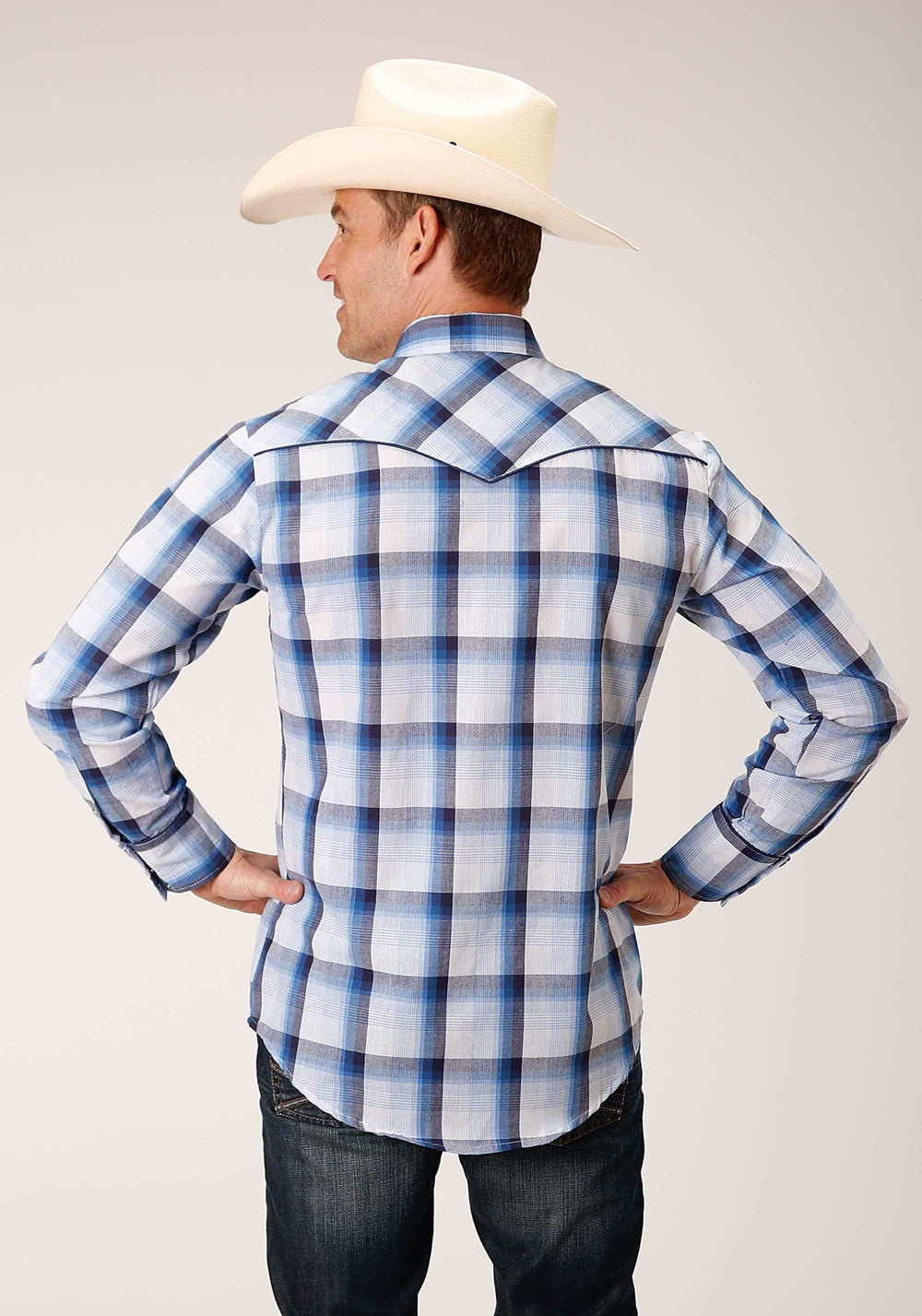 Roper Mens Long Sleeve Snap Multi Blue White Plaid Western Shirt - Roper - Flyclothing LLC