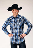 Roper Mens Long Sleeve Snap Blue Black White Plaid Western Shirt With Piping On Front And Back Yokes Embroidery On Front Yokes - Roper - Flyclothing LLC