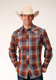 Roper Mens Long Sleeve Snap Brown Navy Cream Plaid Western Shirt With Piping And Embroidery On Yokes - Roper - Flyclothing LLC