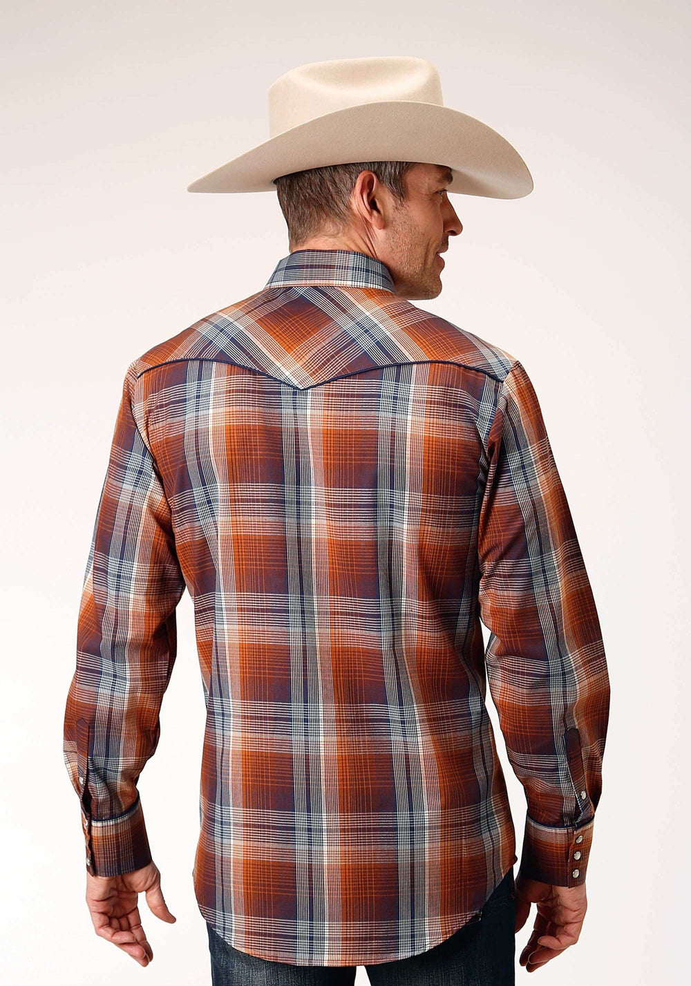 Roper Mens Long Sleeve Snap Brown Navy Cream Plaid Western Shirt With Piping And Embroidery On Yokes - Roper - Flyclothing LLC