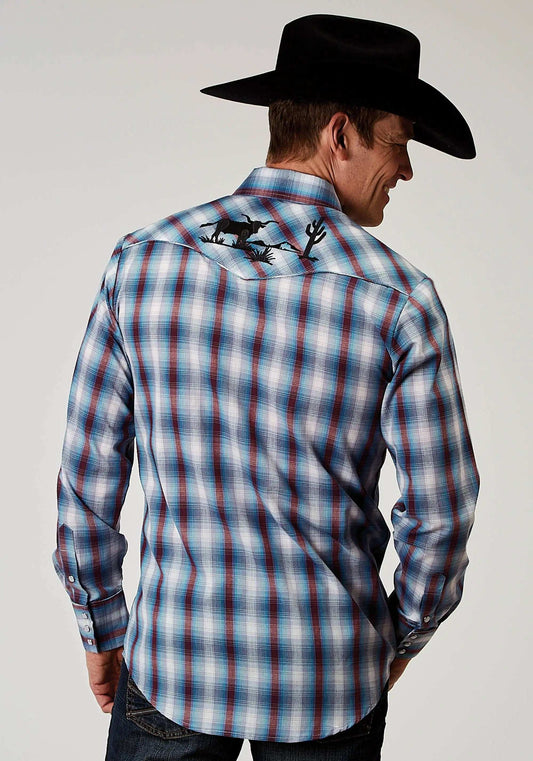 Roper Mens Long Sleeve Snap Americana Plaid Western Shirt With Embroidery On Back Yokes Smile Pockets - Roper - Flyclothing LLC