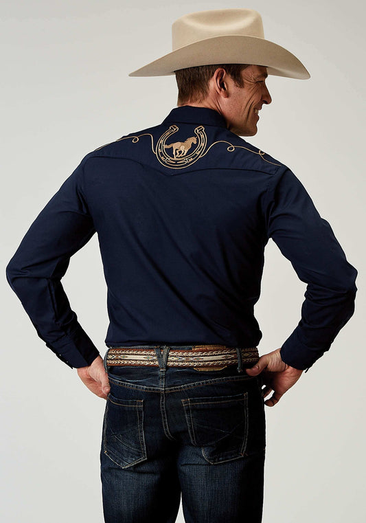 Roper Mens Long Sleeve Snap Solid Broadcloth Deep Navy Western Shirt With Embroidery On Back Yokes Smile Pockets - Roper - Flyclothing LLC