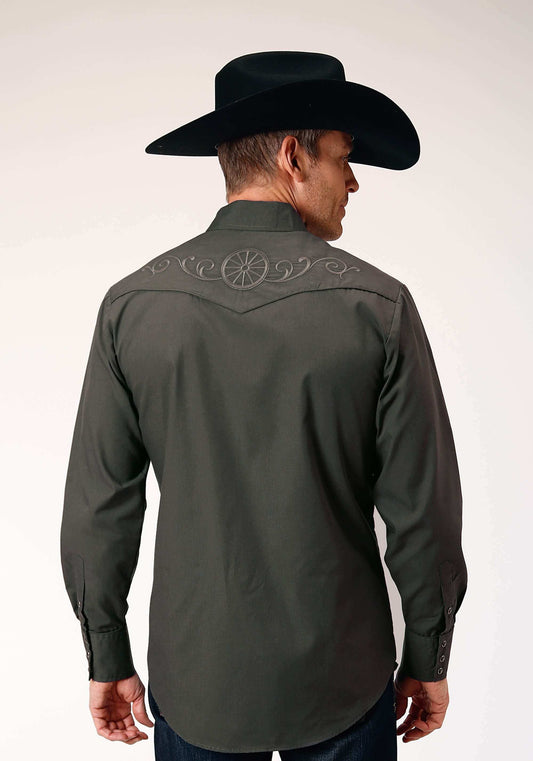 Roper Mens Long Sleeve Snap Dark Charcoal Grey Broadcloth Western Shirt With Self Piping And Embroidery On Yokes - Roper - Flyclothing LLC