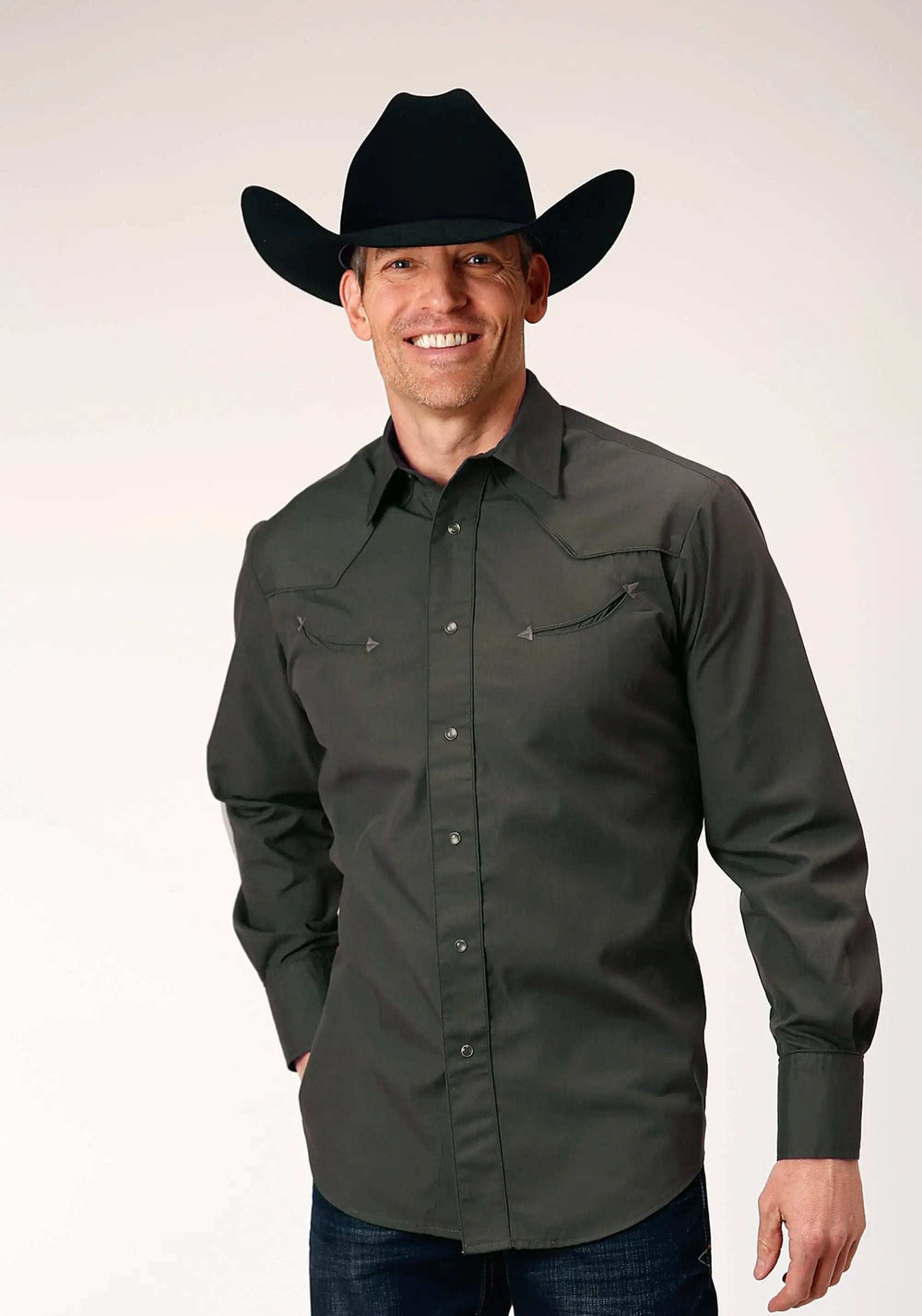 Roper Mens Long Sleeve Snap Dark Charcoal Grey Broadcloth Western Shirt With Self Piping And Embroidery On Yokes - Roper - Flyclothing LLC