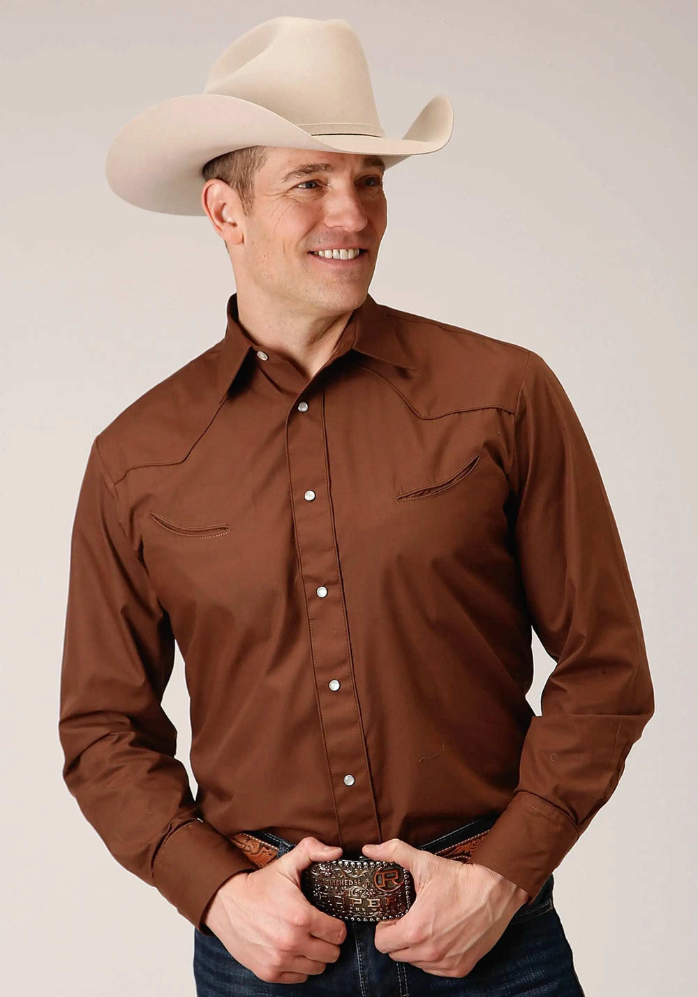 Roper Mens Long Sleeve Snap Solid Warm Browm Broadcloth Western Shirt - Roper - Flyclothing LLC
