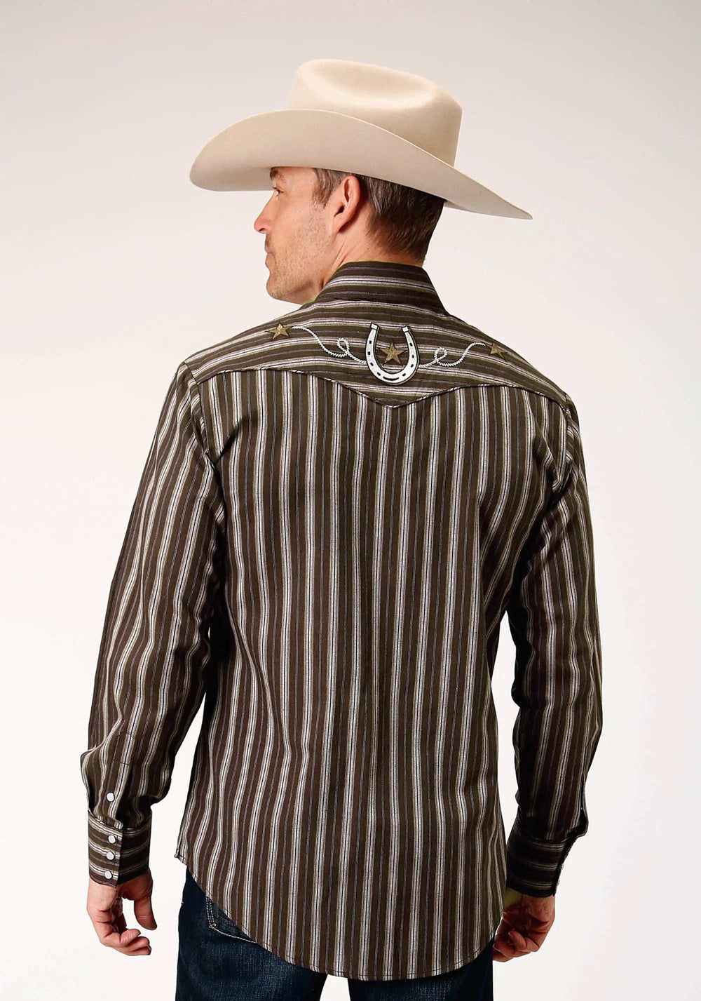 Roper Mens Long Sleeve Snap Chocolate Stripe Western Shirt With Self Piping And Embroidery On Yokes - Roper - Flyclothing LLC