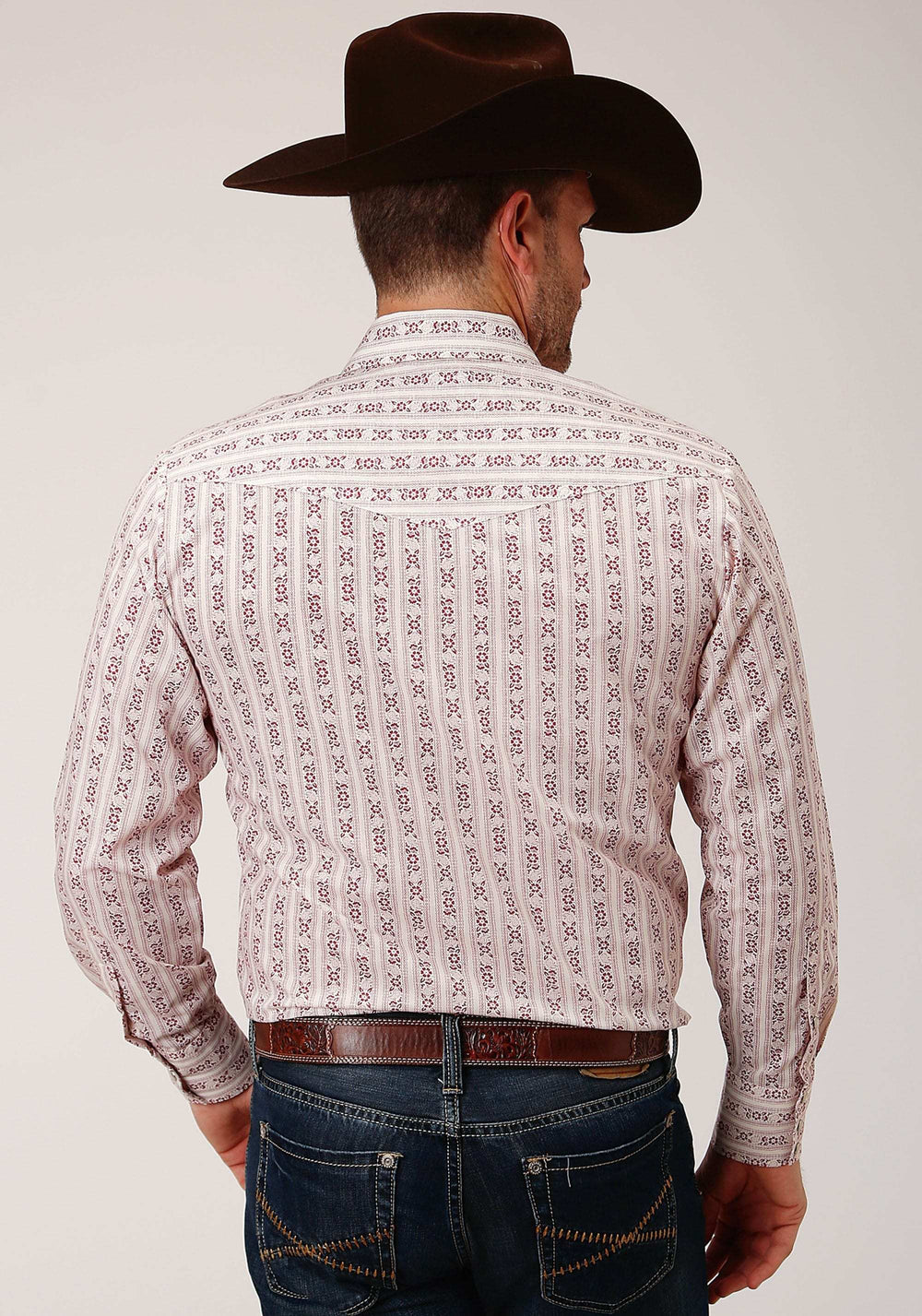 Roper Mens Long Sleeve Snap Wine And Cream Wallpaper Print Western Shirt - Roper - Flyclothing LLC