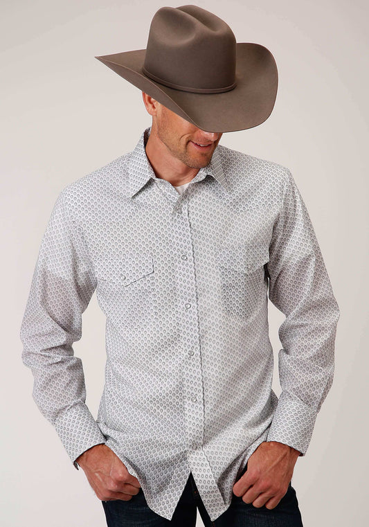 Roper Mens Long Sleeve Snap White Black Grey Teardrop Print Western Shirt - Roper - Flyclothing LLC