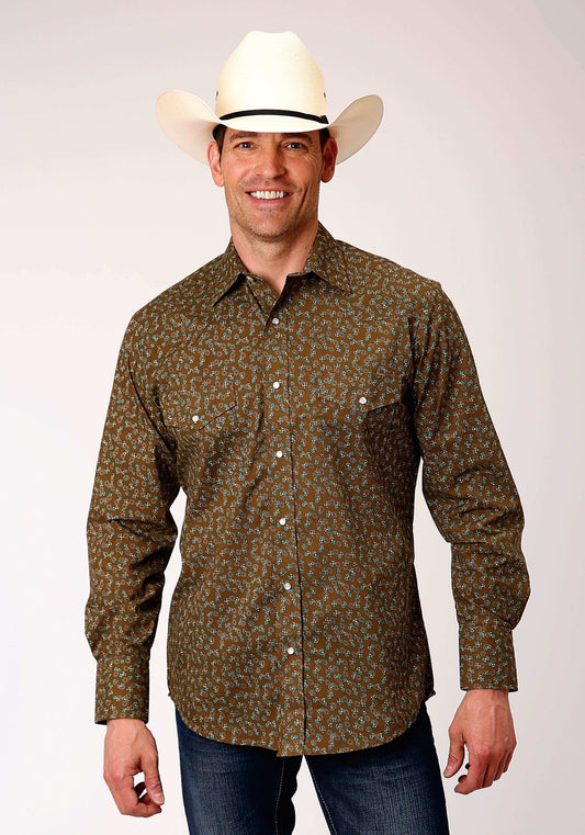 Roper Mens Long Sleeve Snap Brown Turquoise And Cream Mini Floral Print Western Shirt - Roper - Flyclothing LLC