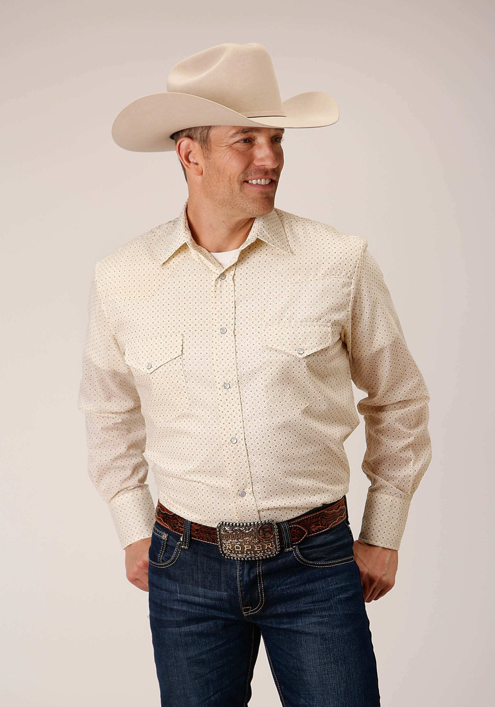 Roper Mens Long Sleeve Snap Cream Diamond Print Western Shirt - Roper - Flyclothing LLC