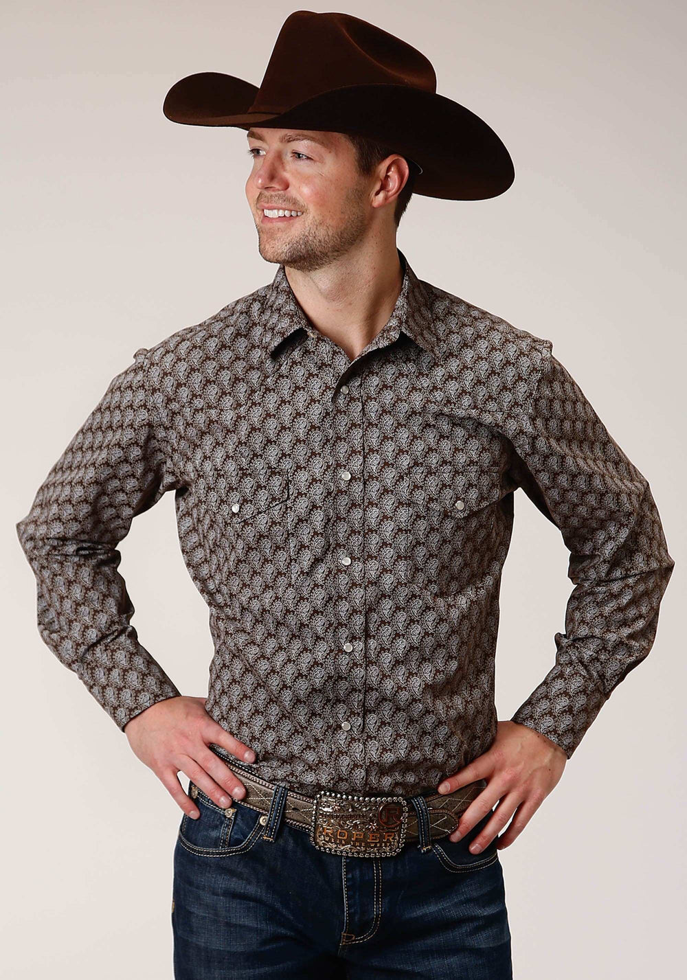 Roper Mens Long Sleeve Snap Chocolate And Cream Tear Drop Print Western Shirt - Roper - Flyclothing LLC