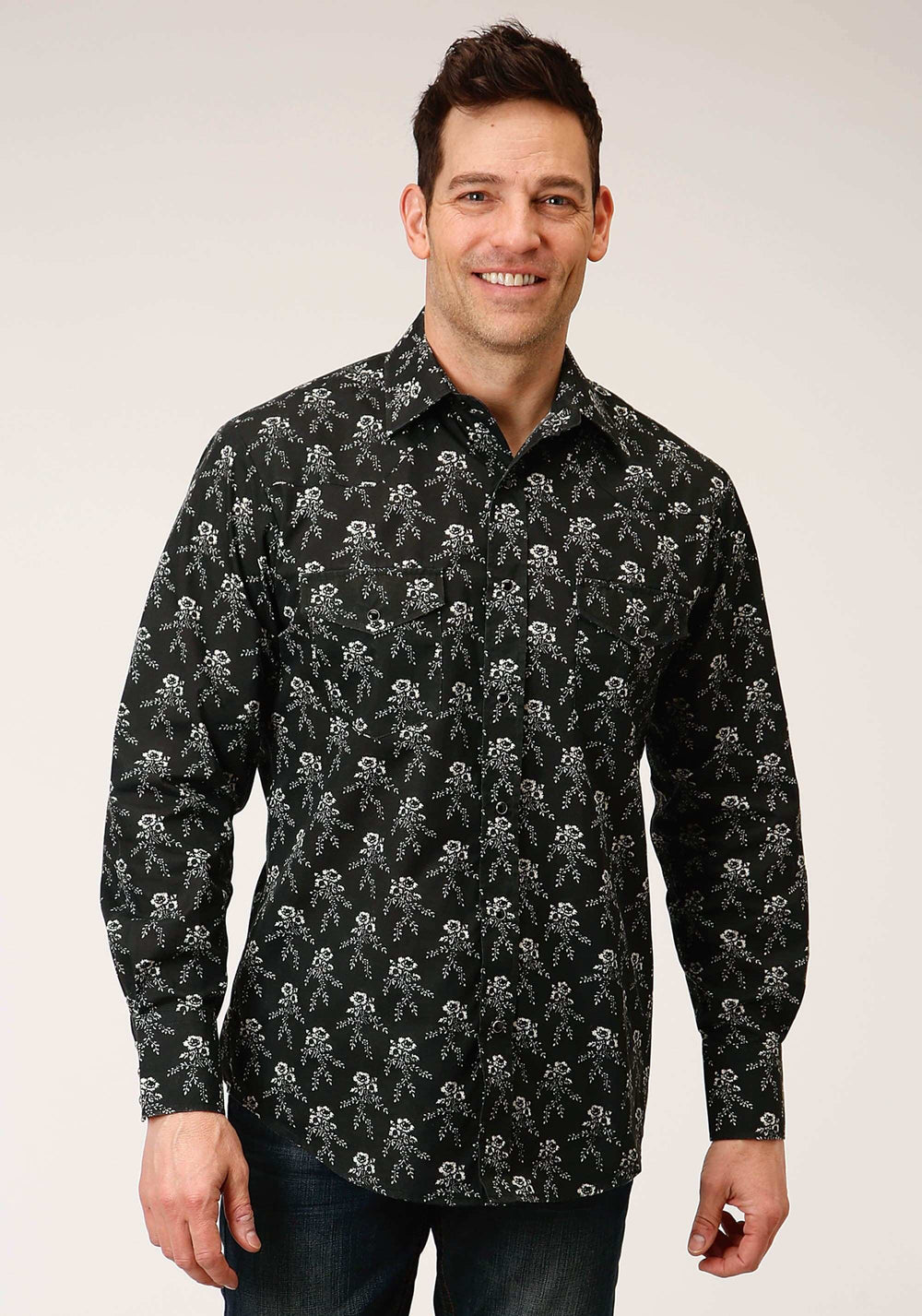 Roper Mens Long Sleeve Snap Black And Cream Floral Print Western Shirt - Roper - Flyclothing LLC