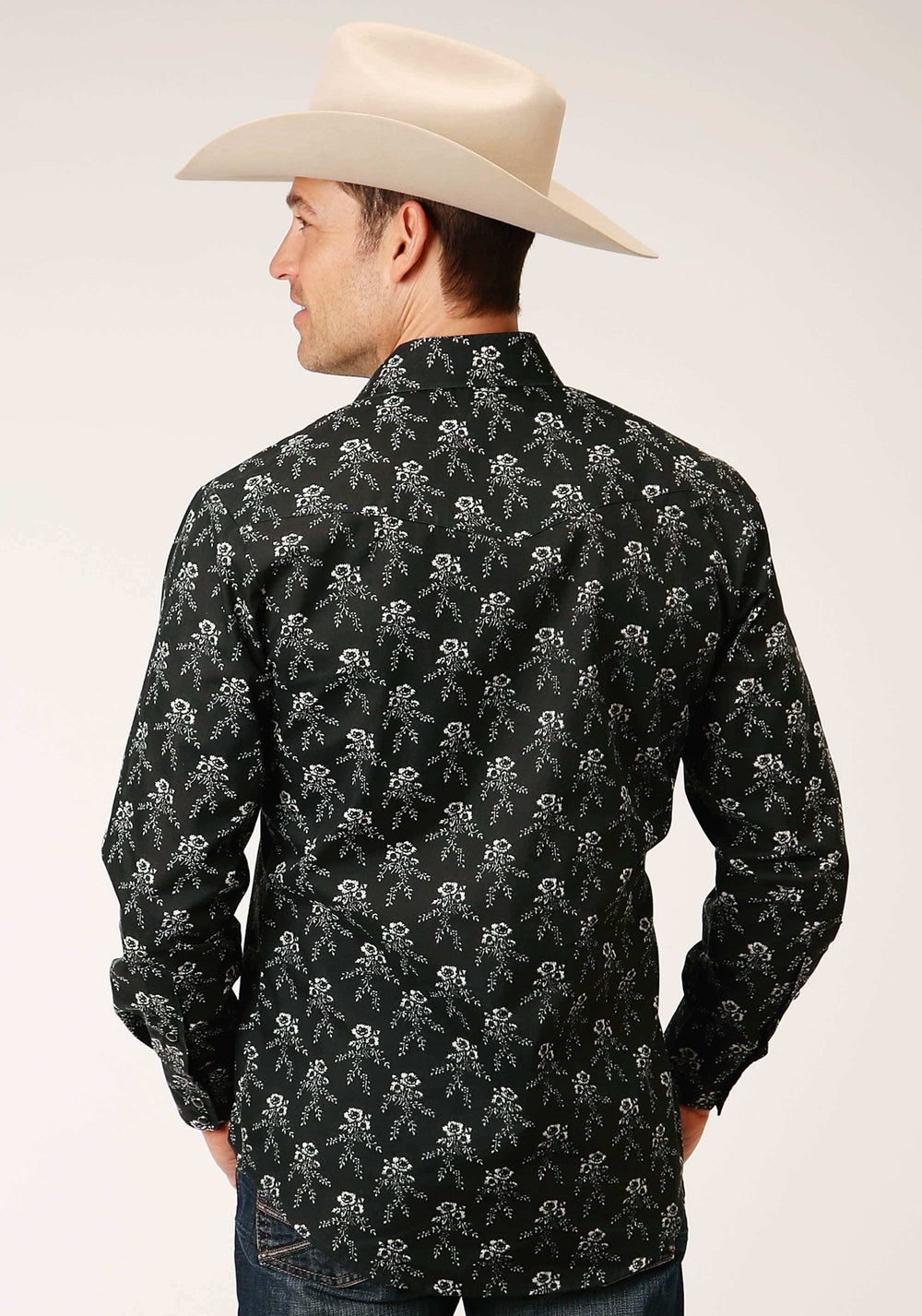 Roper Mens Long Sleeve Snap Black And Cream Floral Print Western Shirt - Roper - Flyclothing LLC