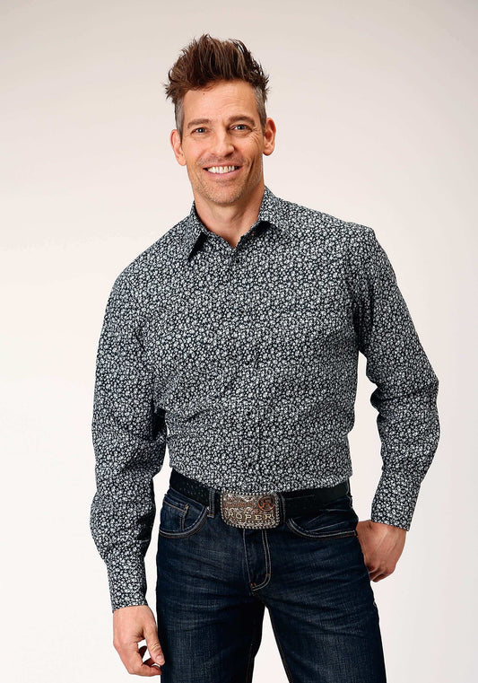 Roper Mens Long Sleeve Snap Black White Floral Print Western Shirt - Roper - Flyclothing LLC