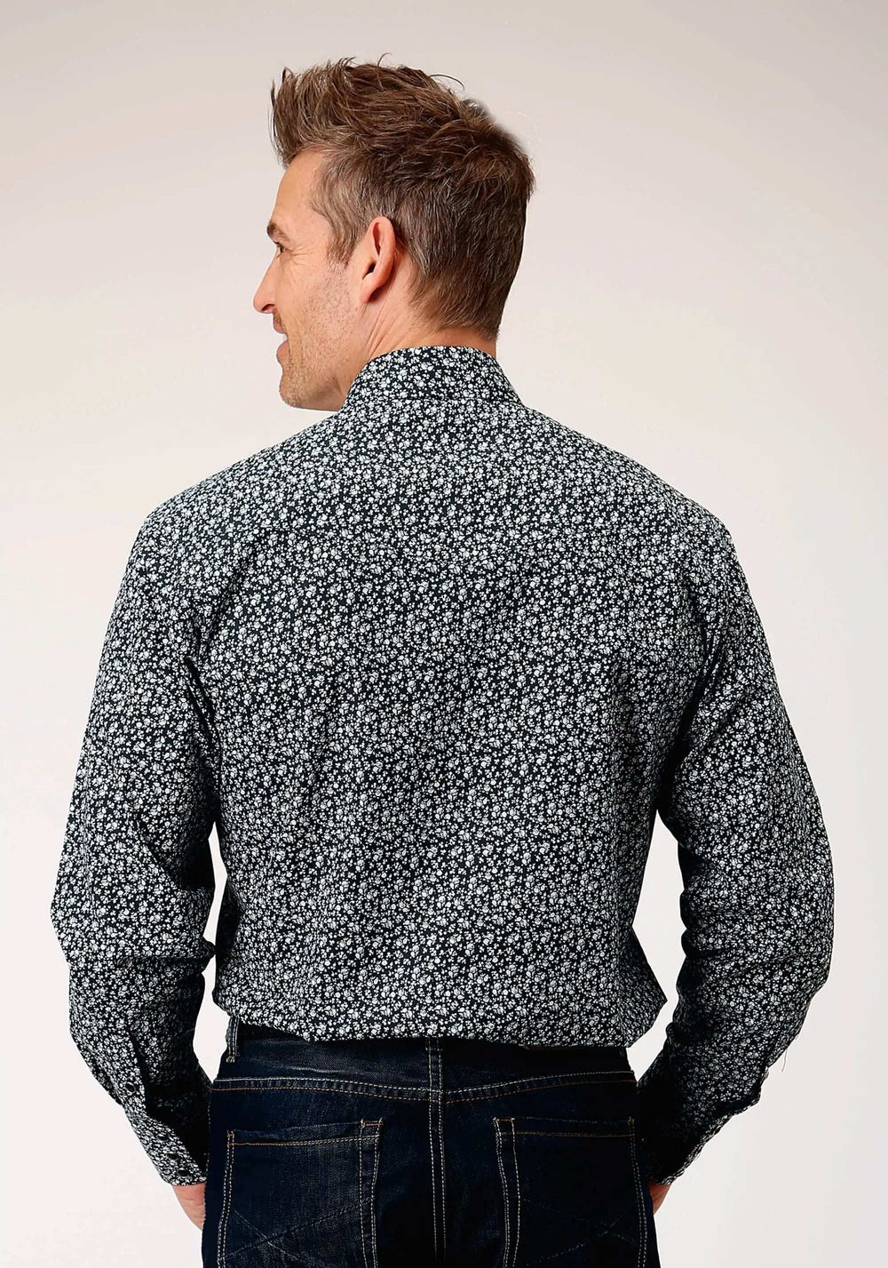 Roper Mens Long Sleeve Snap Black White Floral Print Western Shirt - Roper - Flyclothing LLC