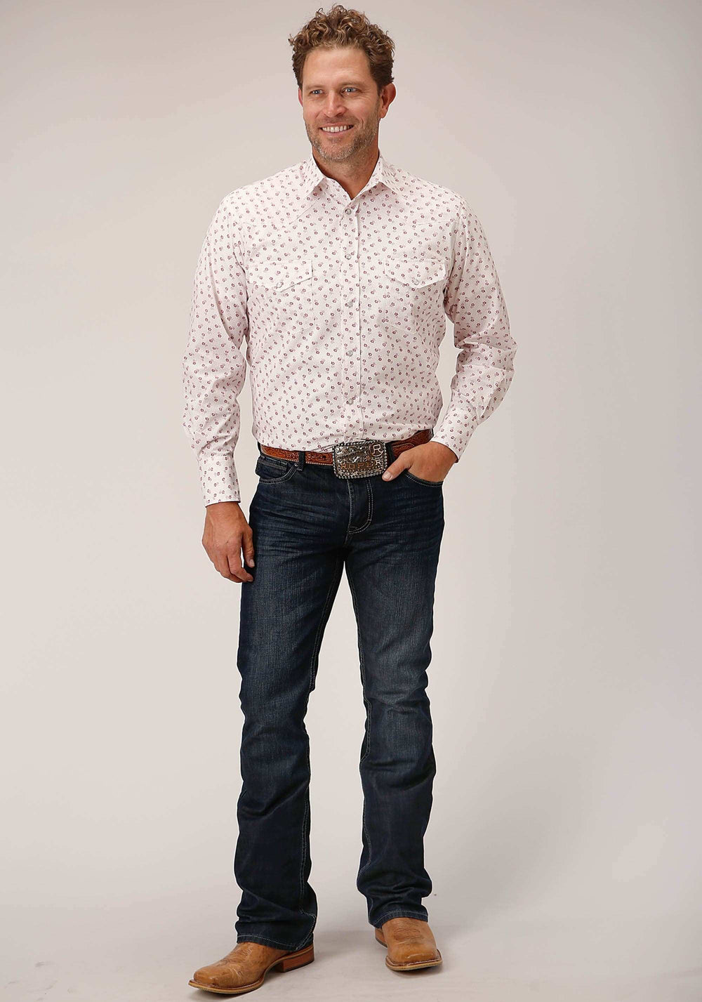 Roper Mens Long Sleeve Snap White And Red Floral Print Western Shirt - Roper - Flyclothing LLC