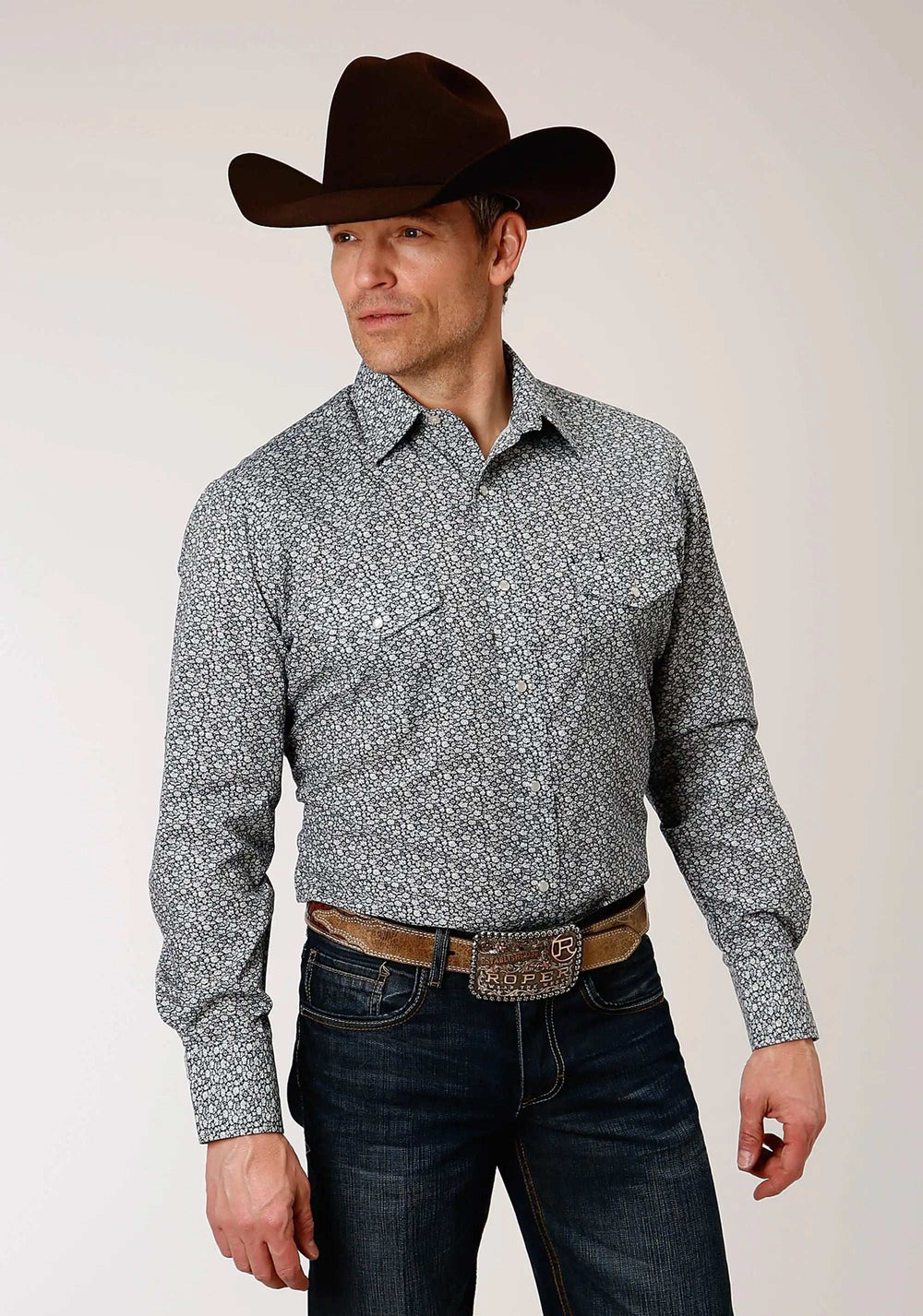 Roper Mens Long Sleeve Snap Navy And Cream Floral Print Western Shirt - Roper - Flyclothing LLC