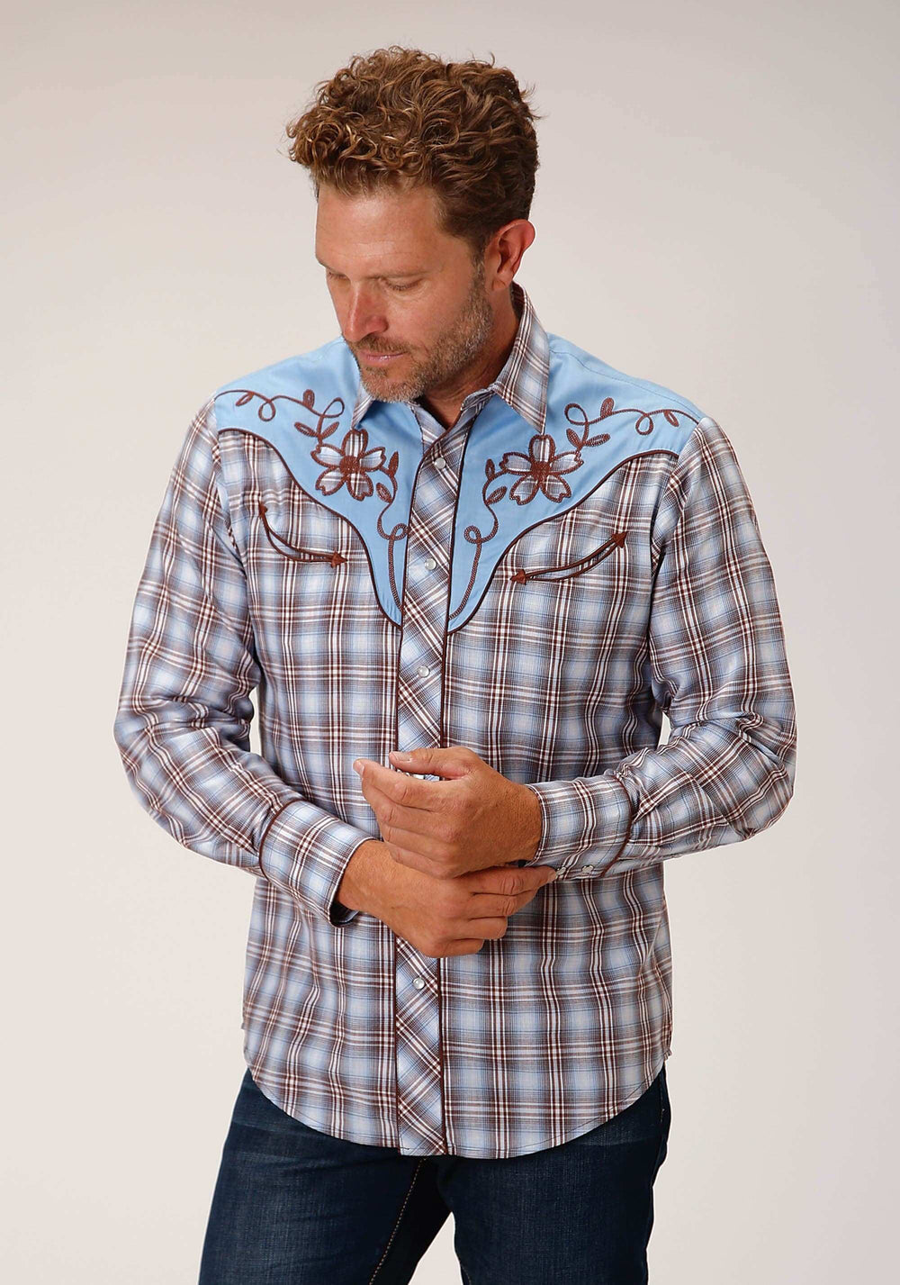 Roper Mens Long Sleeve Snap Light Blue Chocolate White Plaid Western Shirt - Roper - Flyclothing LLC